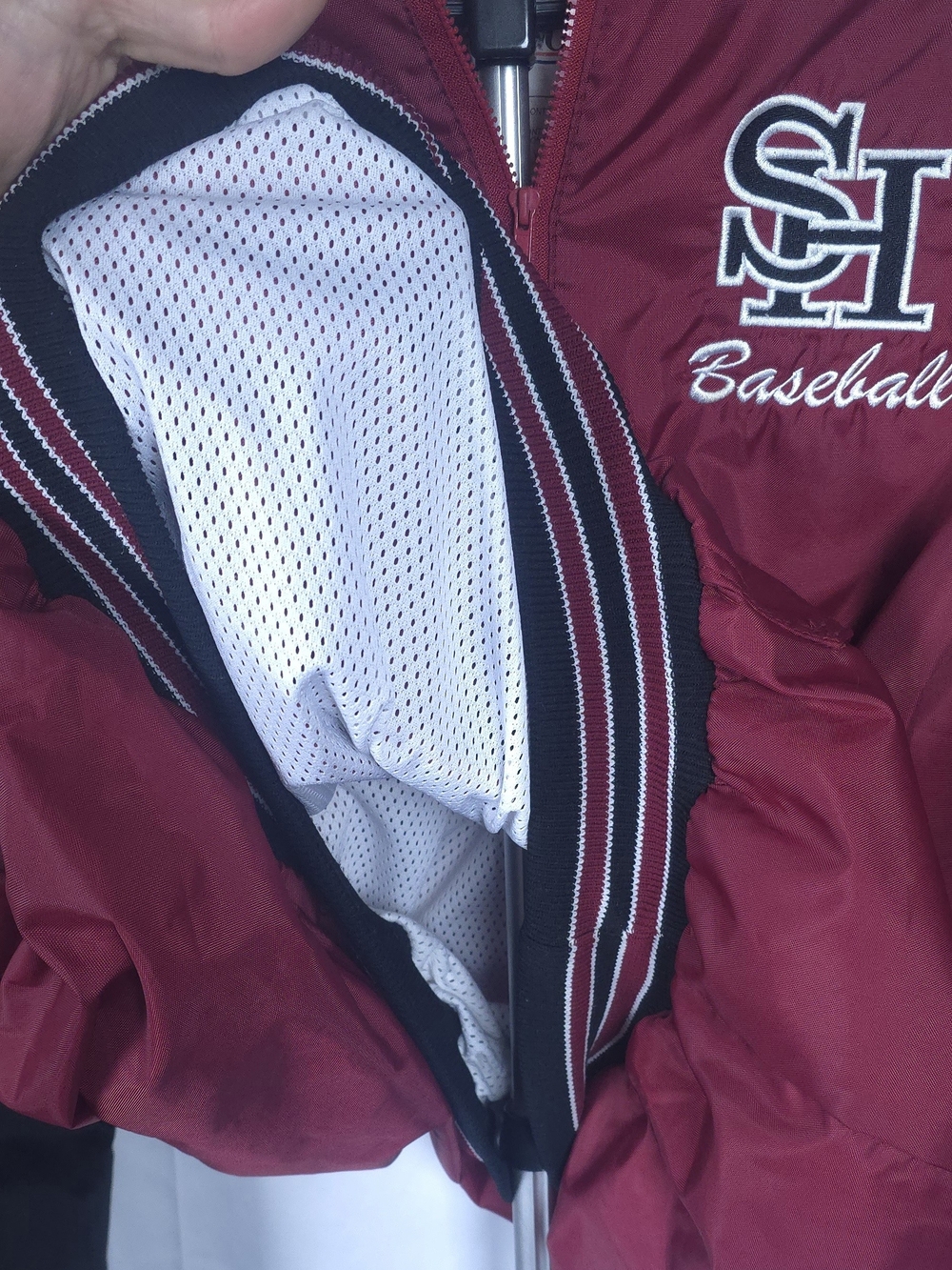 VTG DeLONG Varsity Windbreaker Jacket Mens XL Maroon Black V-Neck Baseball 90s - Picture 10 of 12